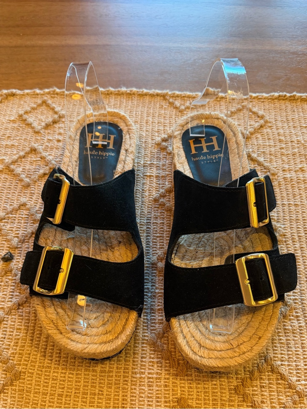 Haute Hippie Black Suede Espadrille Slide Sandals with Gold Buckles